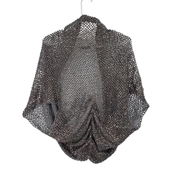 ALICE + OLIVIA MEDIUM GRAY COTTON BEADED SEQUIN CROCHET RUCHED SHRUG CARDIGAN - Picture 2 of 6